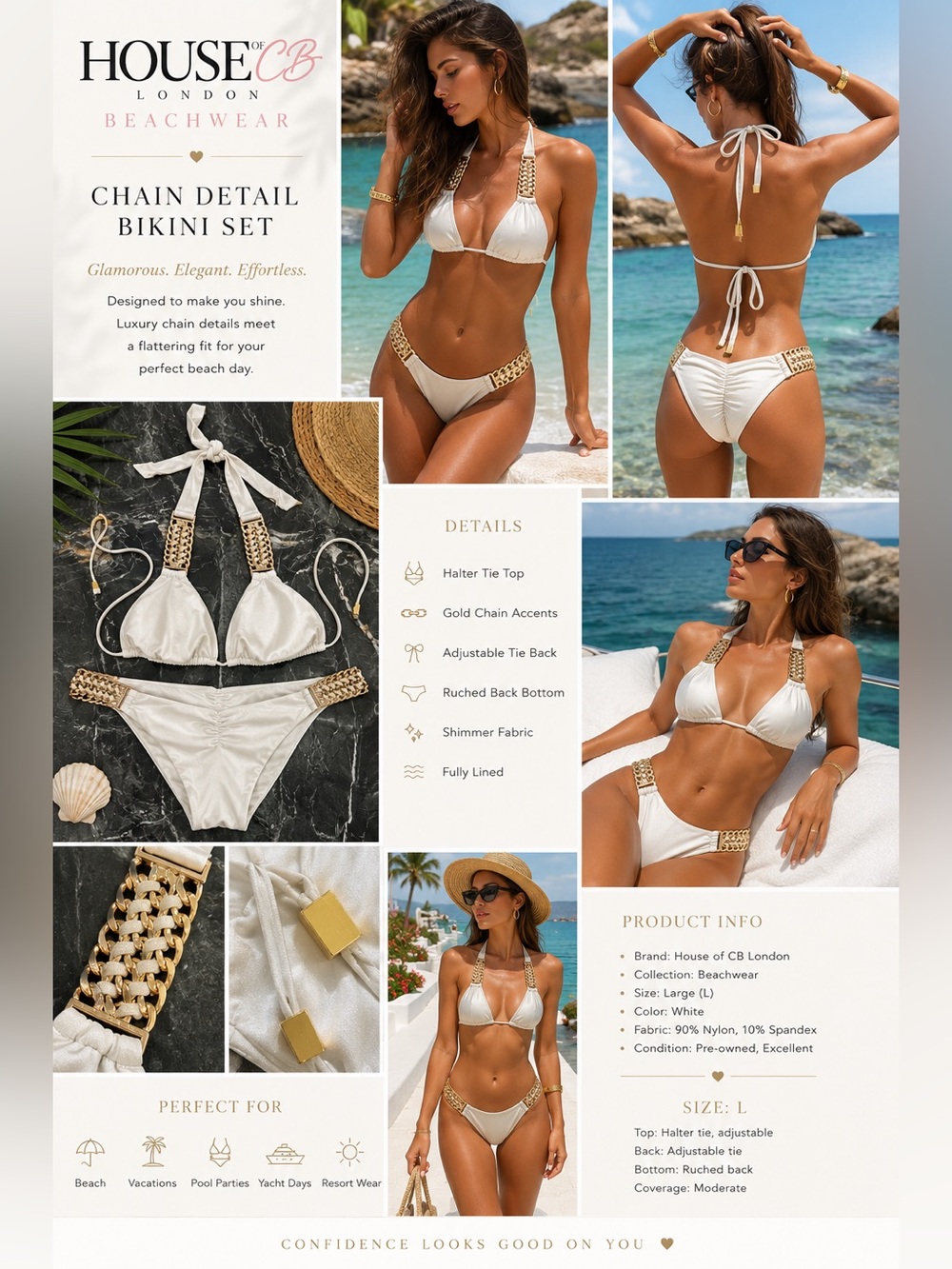 House of CB White Chain Detail Bikini Set Size L Resort Luxury